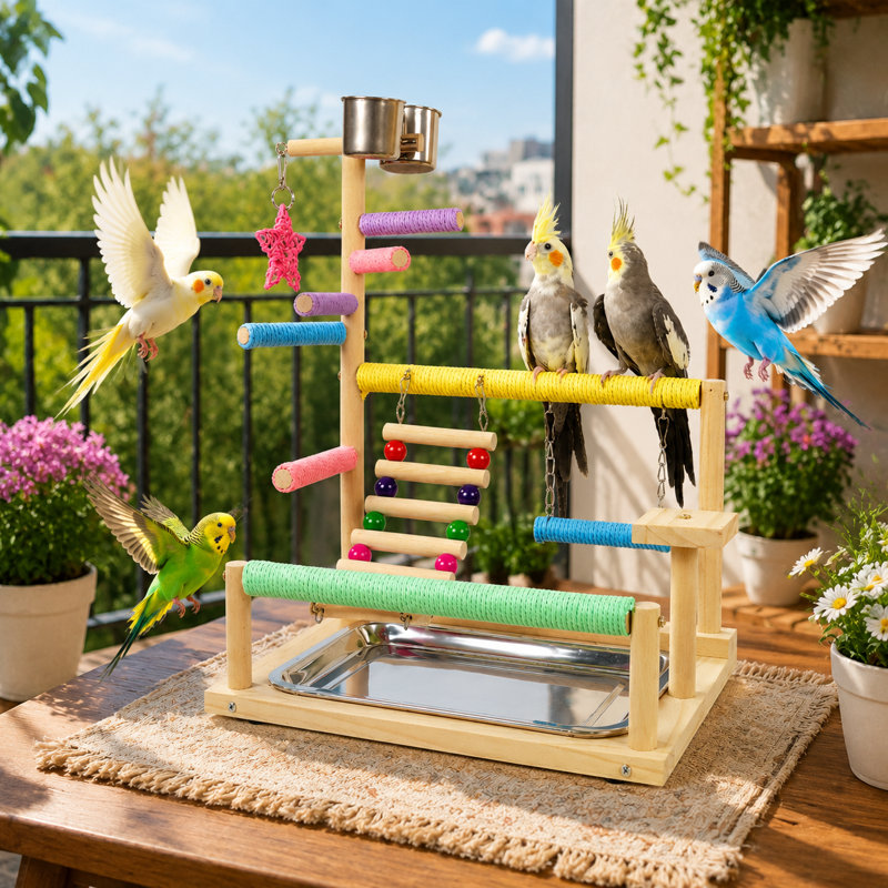 Support pour perroquet en bois enveloppé de sisal, perchoir multi-niveaux pour dressage d'oiseaux avec échelle d'escalade, jouet à mâcher pivotant et suspendu, aire de jeu pour oiseaux avec tasses pour petits perroquets moyens