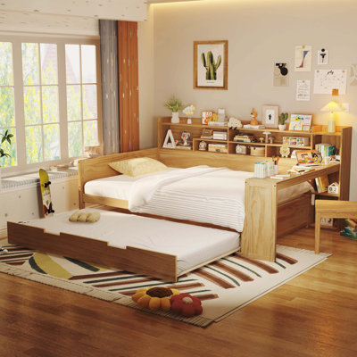 Lit de jour double en bois naturel avec tablettes de rangement, conception multifonctionnelle avec lit gigogne simple et bureau d'étude