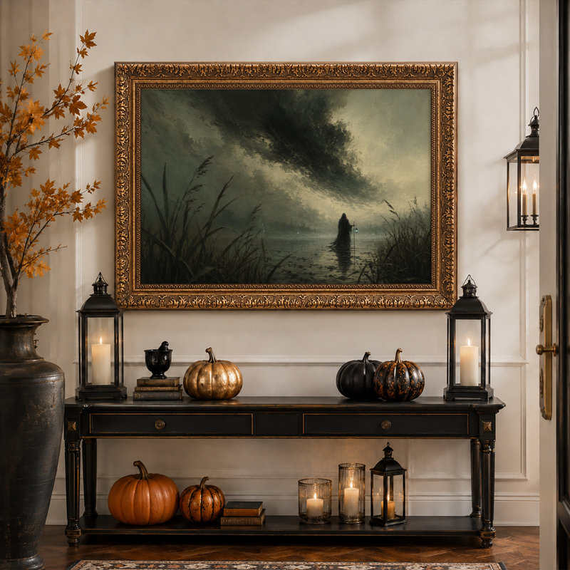 Personnage encapuchonné avec lanterne dans un marais sombre et brumeux - Toile murale d'Halloween, H 20 po x l 30 po