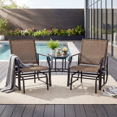 Outdoor Glider Chairs and Table set, Patio 2-Seat Rocking Chair Swing Loveseat with Glass Coffee Table by Winston Porter