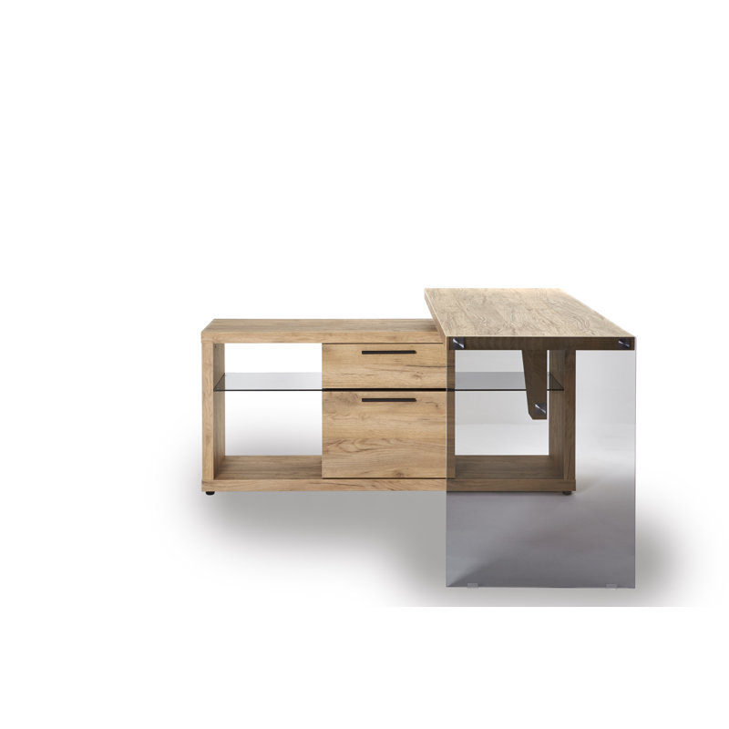 Watlington L-Shaped Writing Desk, Natural/Grey Glass
