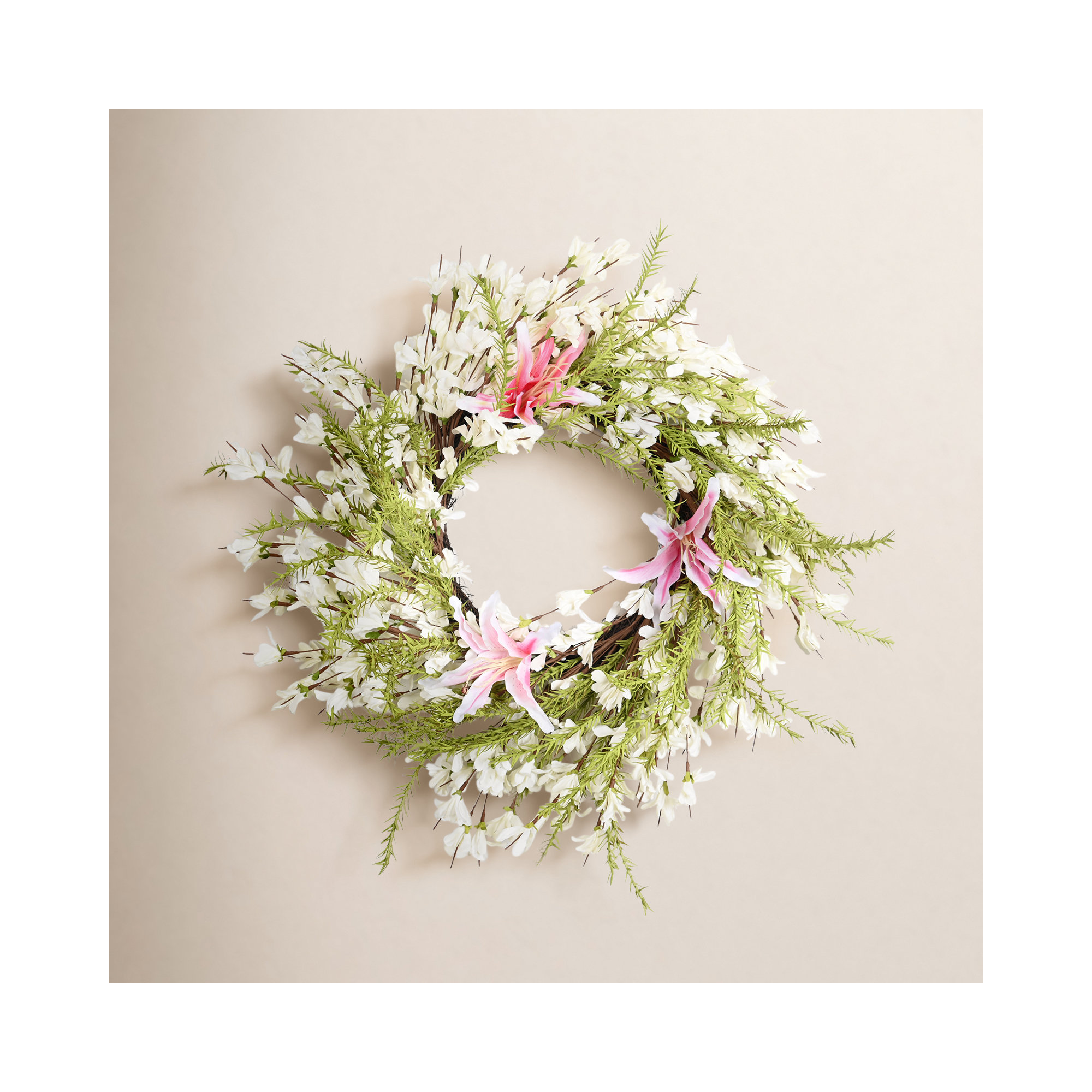 24" Artificial Farmhouse Spring Summer Floral Wreath For Front Door Greenery Foliage Faux Forsythia Lily Wedding Party Home Wall Decor