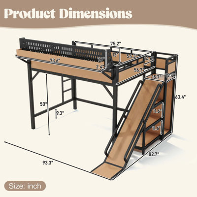 Lit mezzanine avec glissade, tablettes de rangement et garde-robe intégrée, cadre de lit mezzanine en métal avec ports USB et lumières DEL, avec panneau perforé, sécuritaire et solide