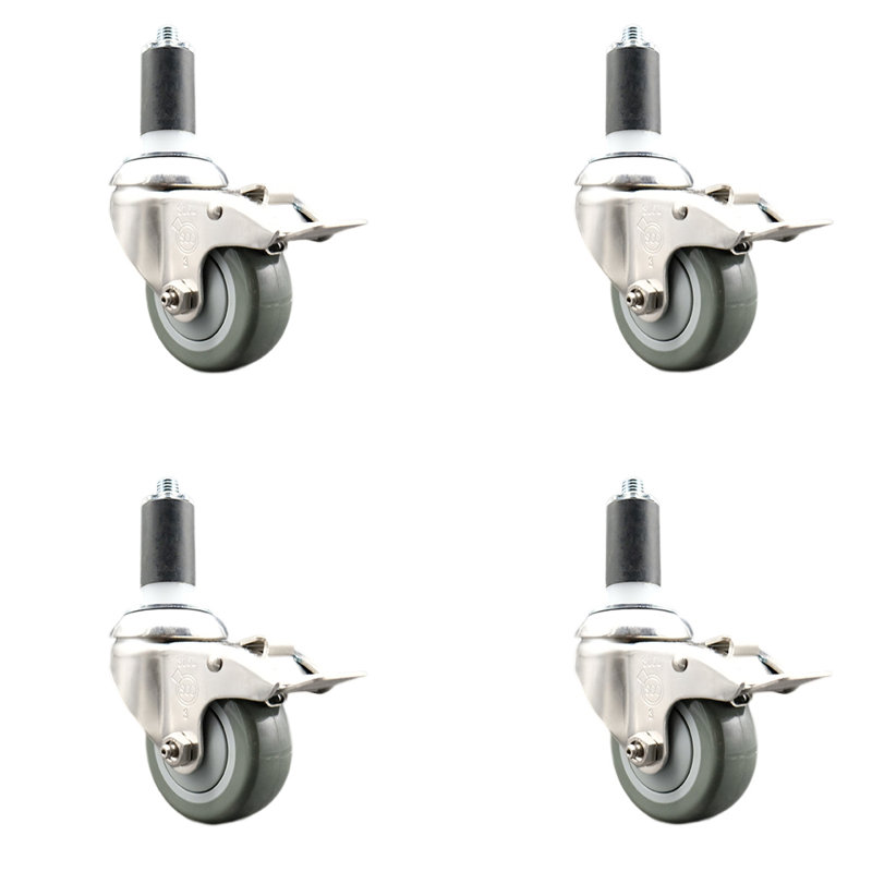 Poly Swivel Expanding Stem Caster Set Lock Brake, 3.5" H x 3.5" W, Grey