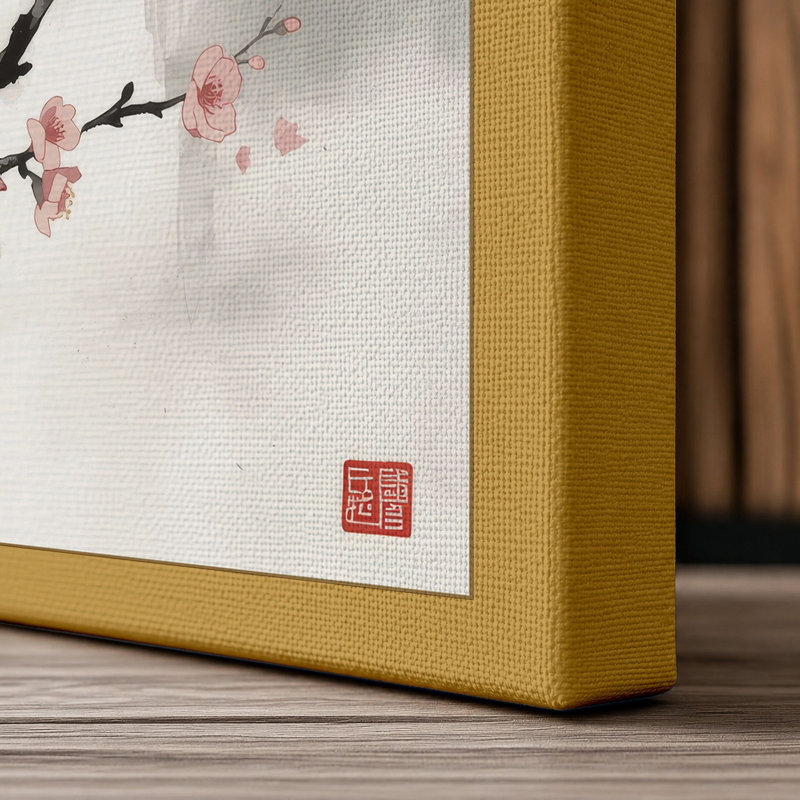 Spring Blossom Branch Japandi - Wrapped Canvas, 18x12 - 45.7 x 30.5 cm, Ochre Border