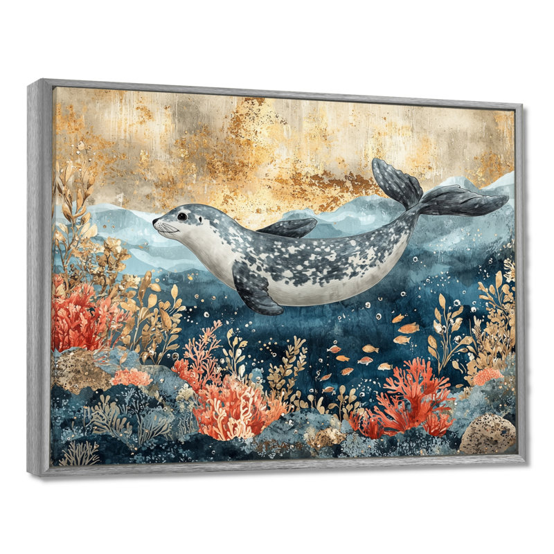 Aquarium avec sceaux au-dessus du corail I - art mural phoque, H 34 po x l 44 po, Impression encadrée flottante