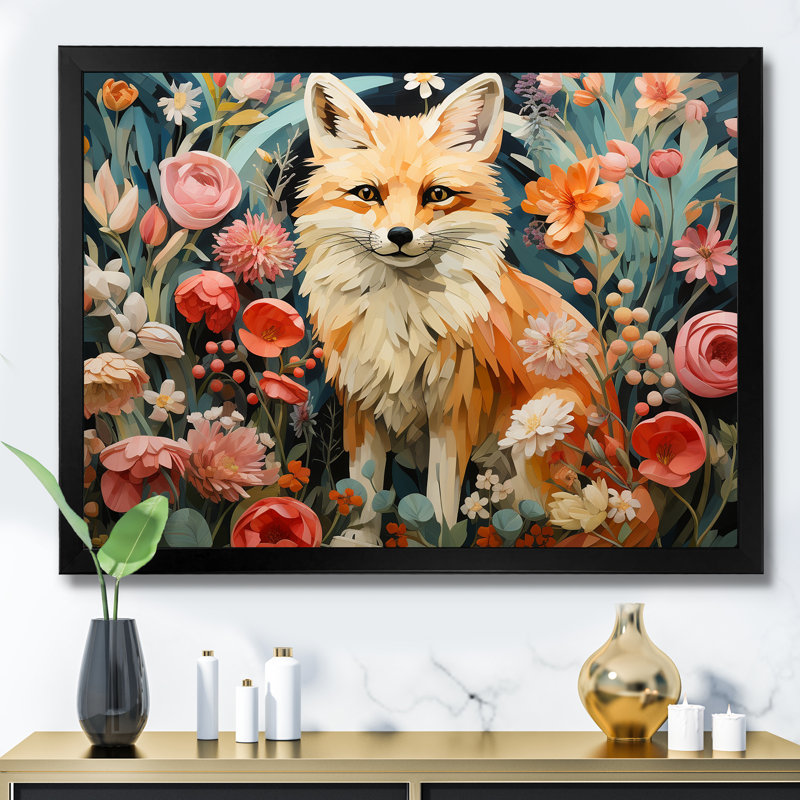 Art mural orange et rose renard dans le style III - renard, Cadre d'angle fermé noir, H 24 po x l 32 po x P 1 po