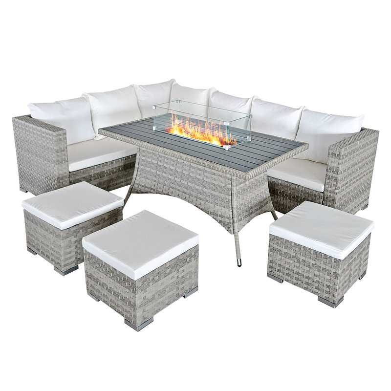 Oseasons® Chaunci Rattan 9 Seat Corner Firepit Set in Dove Grey