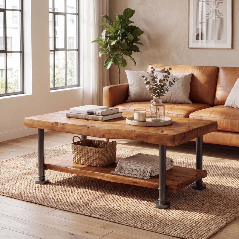 Table basse de 119 cm (47 po) en sapin massif à bords naturels, table centrale à deux niveaux de style industriel/ferme avec pattes en métal