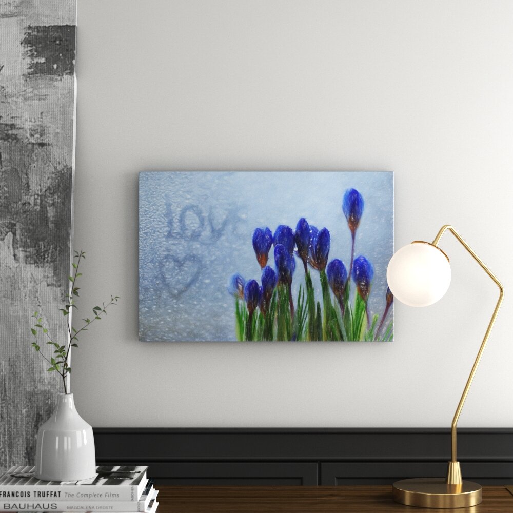 Leinwandbild „Frühlingsblumen - Love - Wassertropfen“, Grafikdruck