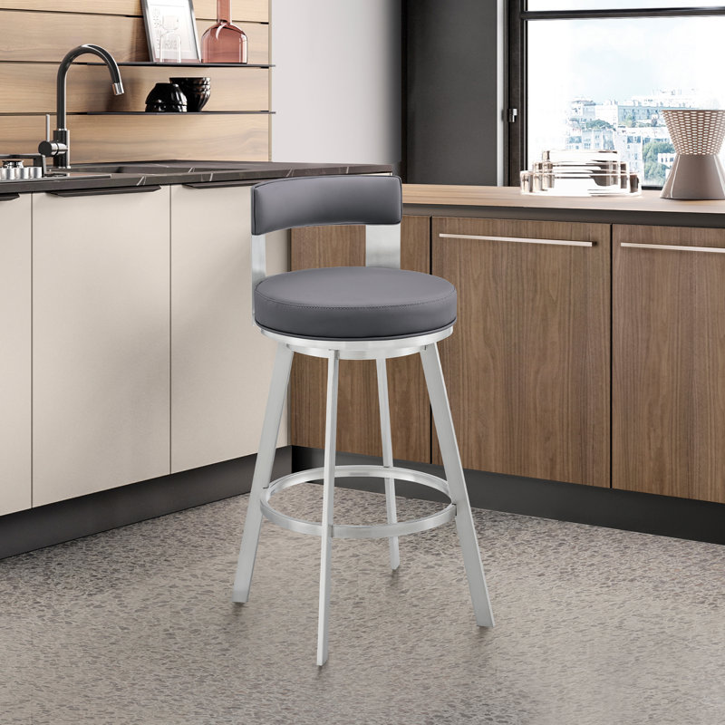 Tabouret de bar à hauteur de comptoir en acier inoxydable et pivotant Kevontae, Siège gris / cadre argenté
