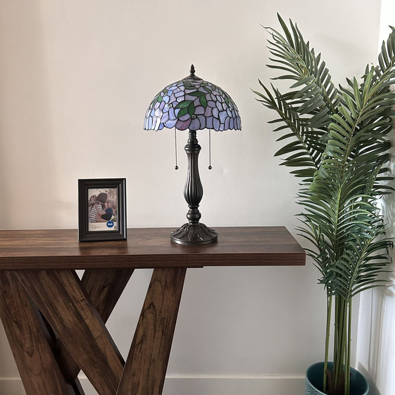 Bernia Tiffany Table Lamp Stained Glass Green Leave LED Bulb Included Pull Chain Switch 22" H, Purple