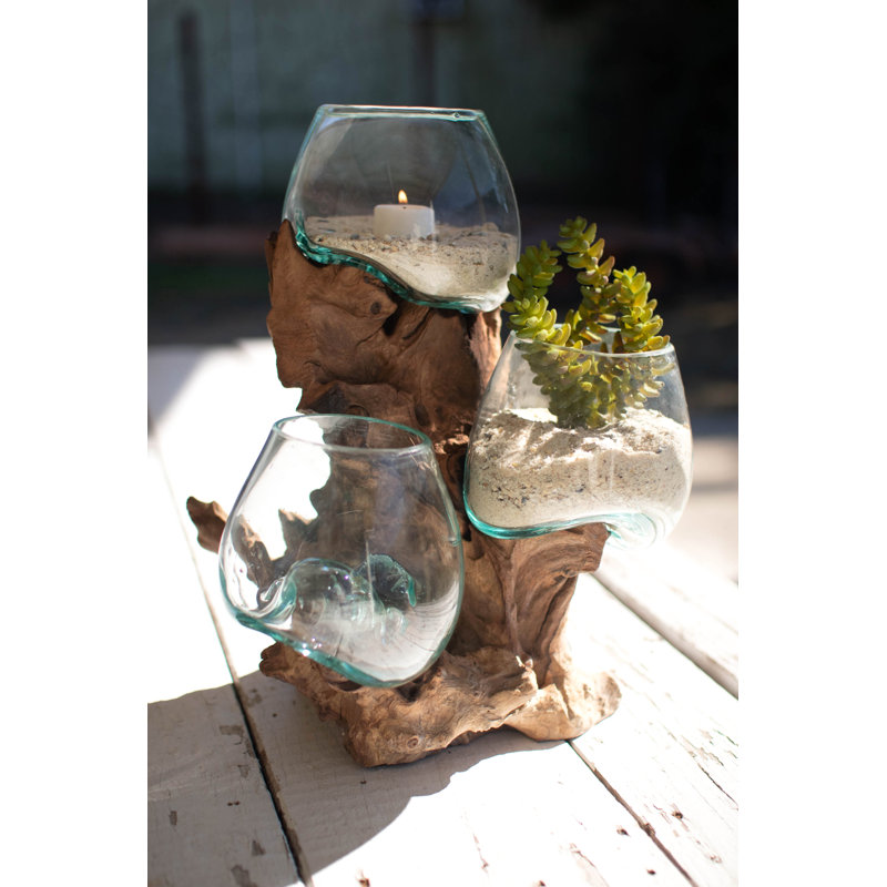  Three Blown Glass Bowls on Driftwood Base 15" H Decorative Accent