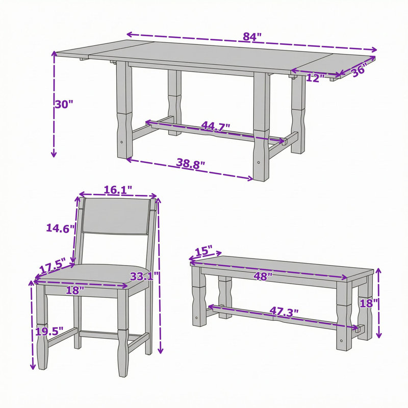 Ensemble de table à manger extensible 6 pièces avec rallonges amovibles, traverses renforcées et pieds en bois d'hévéa
