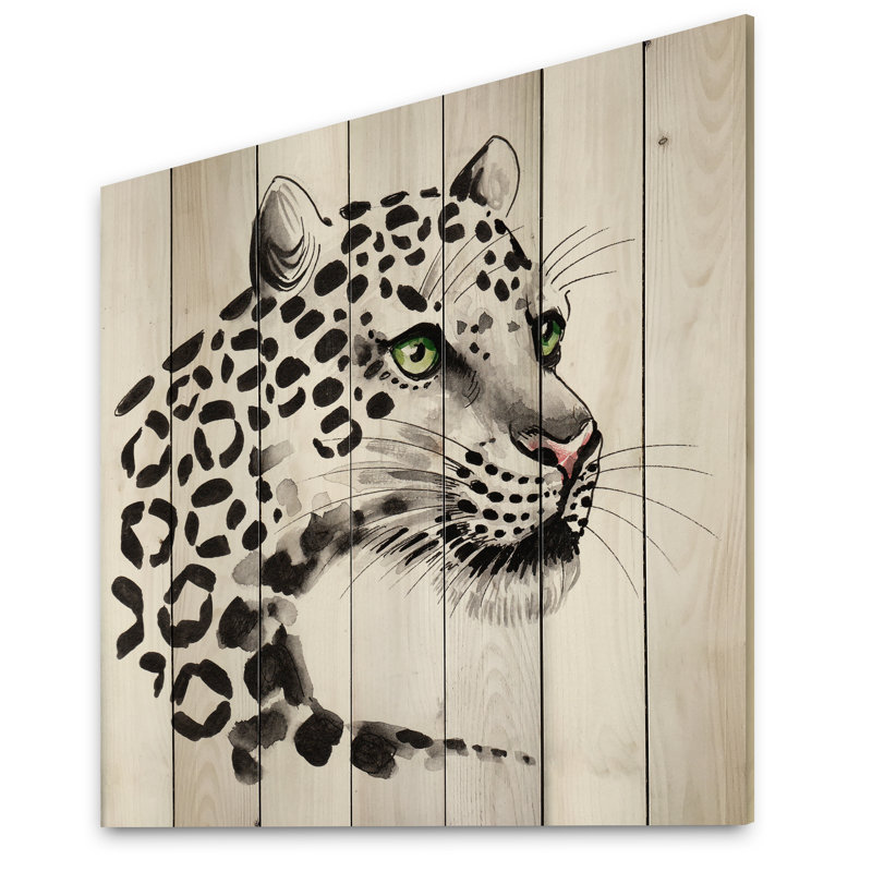 Tête de léopard - impression traditionnelle sur bois, H 16 po x l 16 po x P 1 po