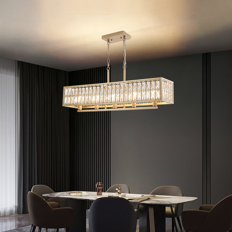 Lustre rectangulaire moderne en cristal noir 5 lumières pour îlot de cuisine, Doré