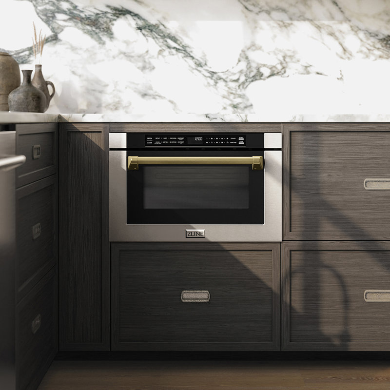 ZLINE 24" 1.2 cu. ft. Built-in Microwave Drawer with a Traditional Handle in Stainless Steel, Champagne Bronze