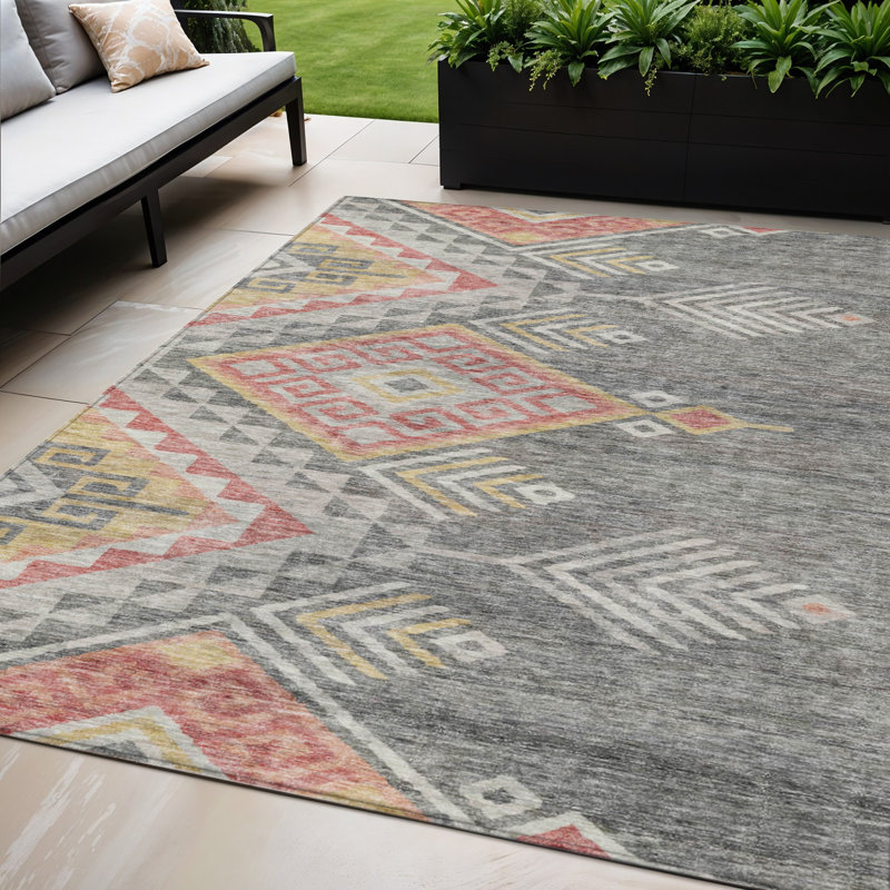 Tapis d'intérieur et d'extérieur lavable gris et terre cuite 5 pi x 8 pi Southwestern