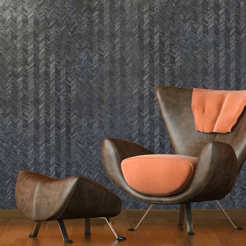 Rouleaux de papier peint texturé à chevrons gris anthracite noir