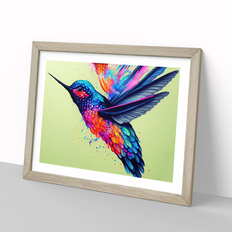 Hummingbird Splatter Vol.2 Abstract 1 Piece Single Picture Frame Painting, 34cm H x 46cm W x 2cm D, Oak