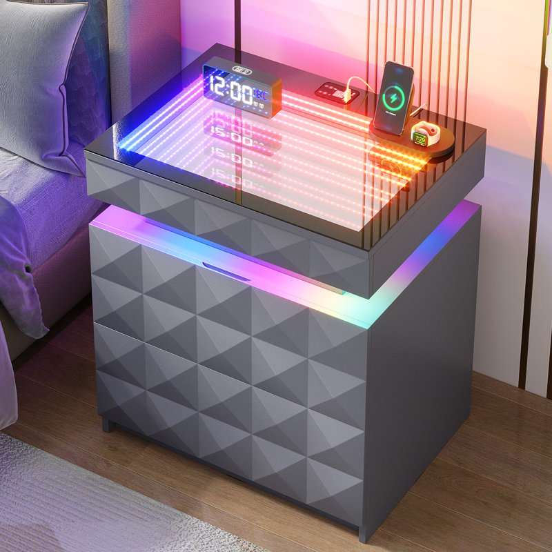50cm W Bedside Table with 3D Mirror Abyss and Sensor RGB Lighting, 2-Drawer Bedside Table with Hidden Storage And Lockable