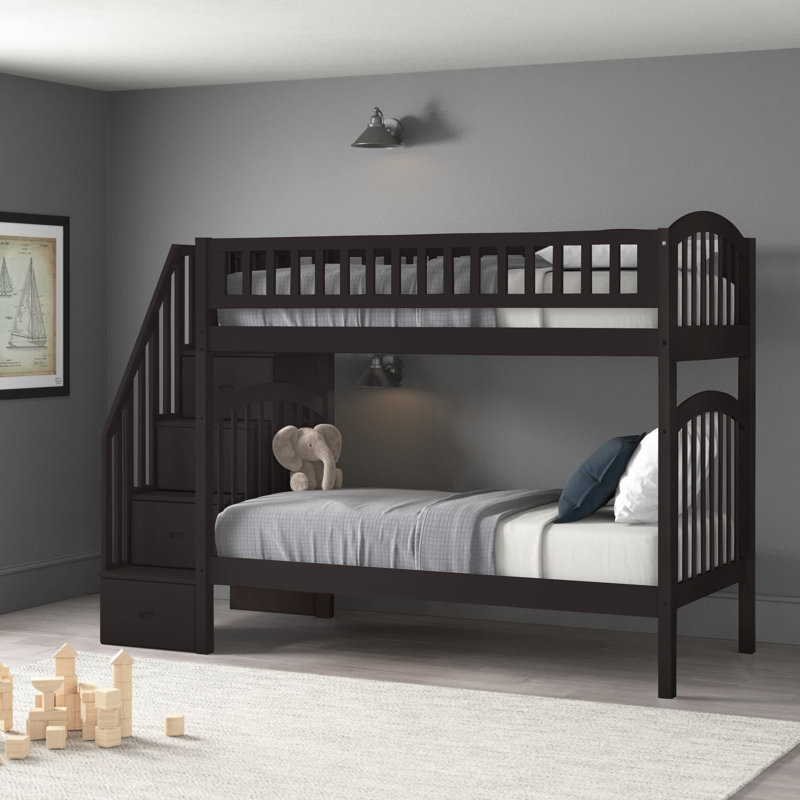Jaxson Kids Solid Wood Staircase Bunk Bed with Storage, Twin over Twin, Espresso