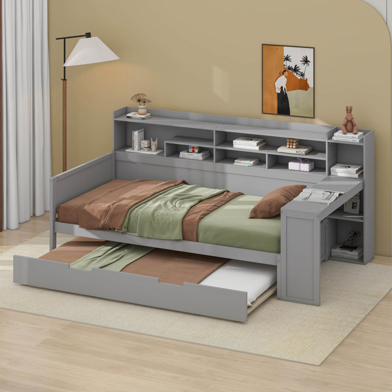 Lit de jour en bois avec tablettes de rangement, lit multifonctionnel avec lit gigogne et bureau d'étude, Lit simple