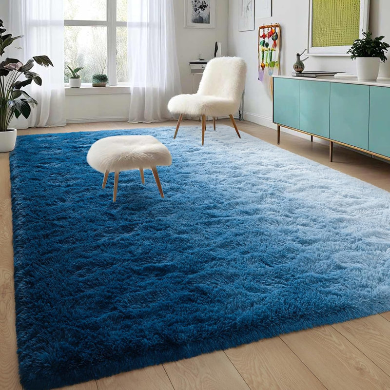 Tapis à poils longs dégradés, Bleu, Rectangle 6' x 9'