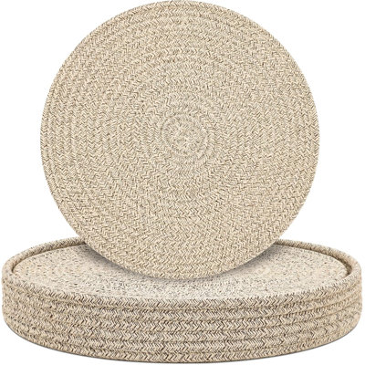 Round Braided Cotton Rope Placemats Set Of 6 With Storage Basket Holder, Heat Resistant Non-Slip Washable Table Mats For Kitchen Dining Decor, Boho Farmhouse Style