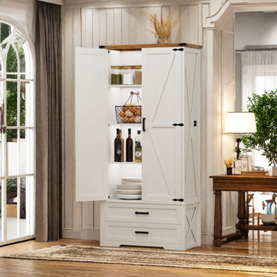 Tall Farmhouse Storage Cabinet With Adjustable Shelves, 69"" Versatile Cupboard With Led Light, Pantry Cabinet 2 Drawers&doors, White -  Gracie Oaks, B5A2C9B8200E41B8BF39A87FCC2007A5