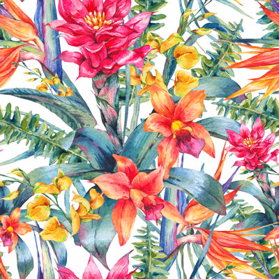 Watercolor Vintage Floral Tropical Seamless Pattern - Wrapped Canvas Painting
