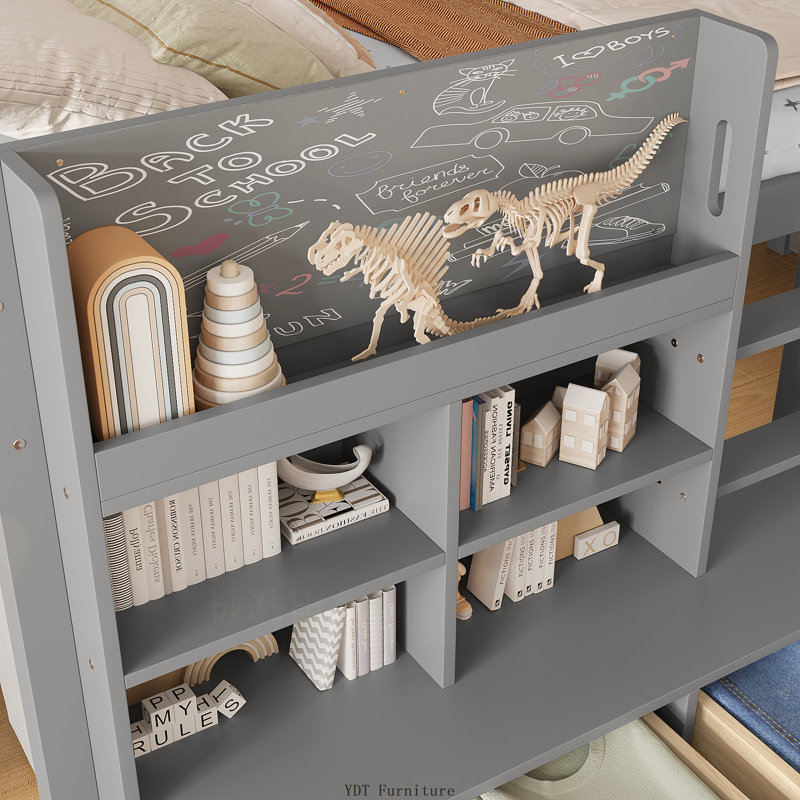 Twin XL Low Loft Bed with Multi-Storage Shelves | Curtain Under Bed & Chalkboard, No Box Spring Needed, Gray, Gray