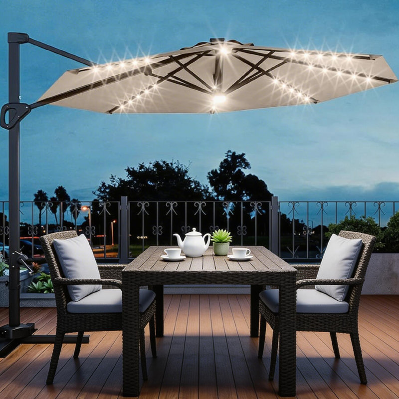 Parasol extérieur en porte-à-faux 10 pi, rotation à 360 degrés, avec DEL, Tan
