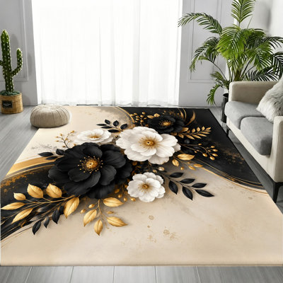 Grand tapis lavable à la machine avec envers antidérapant, motif floral noir, décoration intérieure confortable pour salon, chambre, entrée, cuisine, appartement
