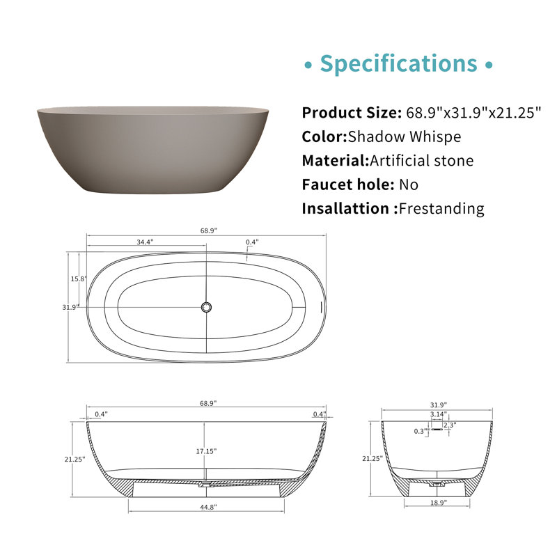 Baignoire de trempage autoportante en résine 69 po à surface solide avec trop-plein et bonde escamotable 69 po, Beige