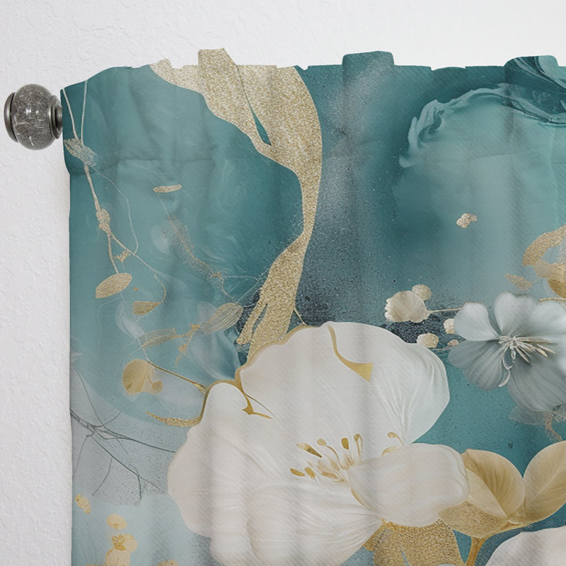 Cathia - Golden Blue Marble Flower Design II - Floral Curtain - Velvet Room Darkening - 1 panel, 52" W x 63" L