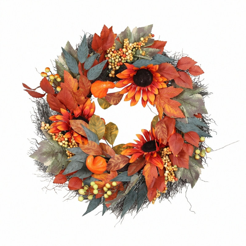 Couronne d'automne 18 po pour porte d'entrée avec tournesols, citrouilles, pommes de pin et baies, Orange/Red/Light Green