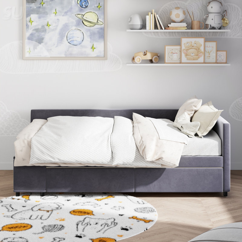Lit plateforme simple tapissier en forme de L avec rangement et tiroirs, Gris