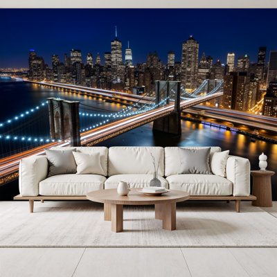 Papier peint auto-adhésif New York City Skyline Night Brooklyn Bridge Skalscrapers, papier peint amovible en PVC, H 69 po x l 96 po