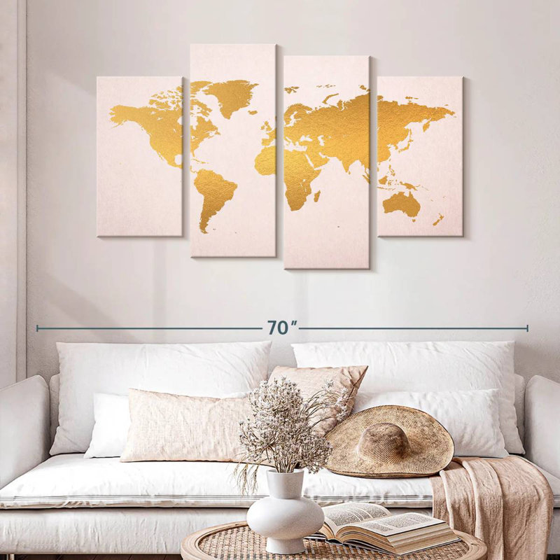 Or Aliaz sur une carte du monde rose, H 32 po x l 52 po