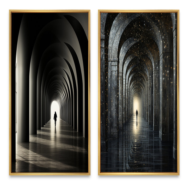 «Black Grey Tunnel Timeless Passage Classic», 2 pièces, Encadrement doré, H 32 po x l 32 po