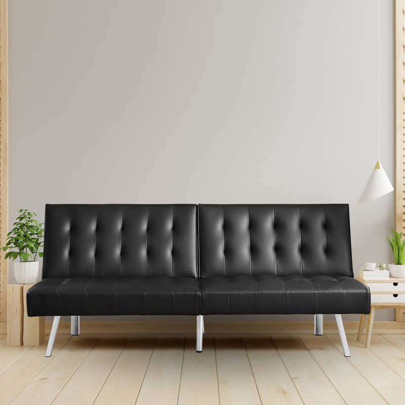 Canapé-lit futon de 68 po avec pieds en métal Blathnat, Similicuir noir