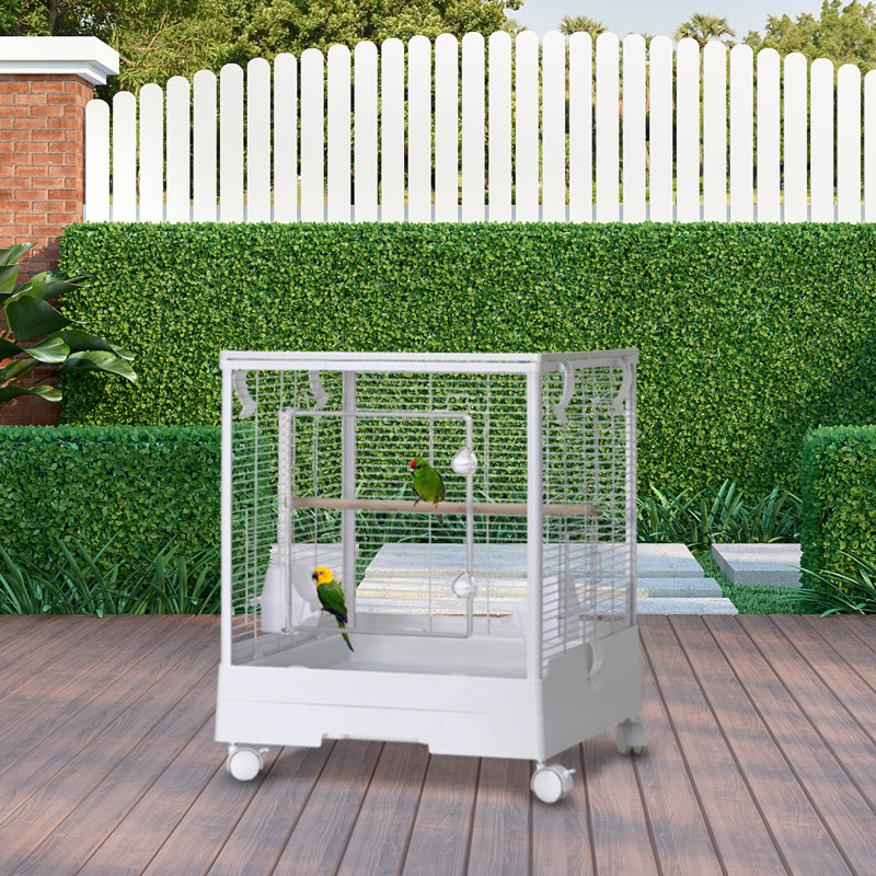 Cage à oiseaux 2-en-1 de 99 cm (39 po) avec roulettes - Cage en métal convertible pour intérieur et extérieur avec support supérieur, plateau coulissant, perchoirs et gamelles, cage de transport et volière pour calopsittes, inséparables et perruches ondulées, blanche