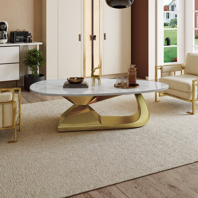 Table basse en pierre frittée moderne avec base en acier inoxydable - Centre de table de salon durable, Or + blanc