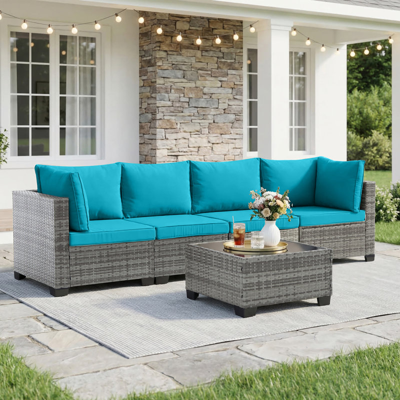 5 Piece Modular Patio Conversation Sets, Sectional Seating Group with Cushions, Turquoise, Gray