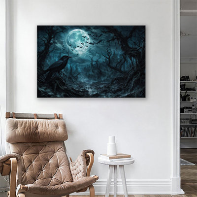 Black Raven Perched On Twisted Roots, Teal Full Moon And Bats In Foggy Dark Halloween Forest Canvas Wall Art