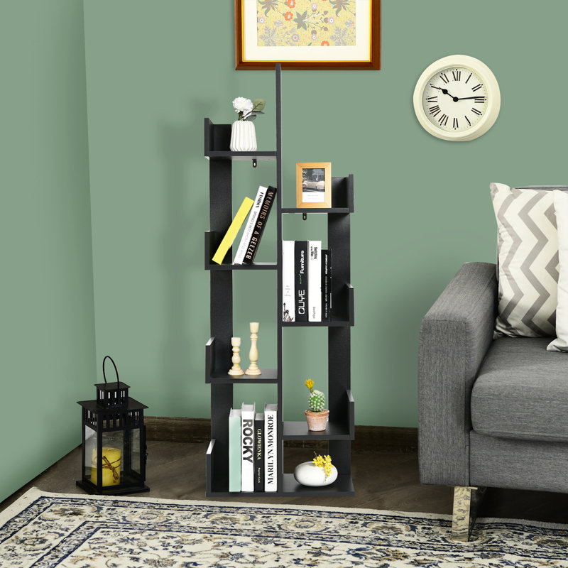 57''H X 20''W 8-Shelf Bookcase Modern Tree Bookshelf Storage Decor Freestanding , Black