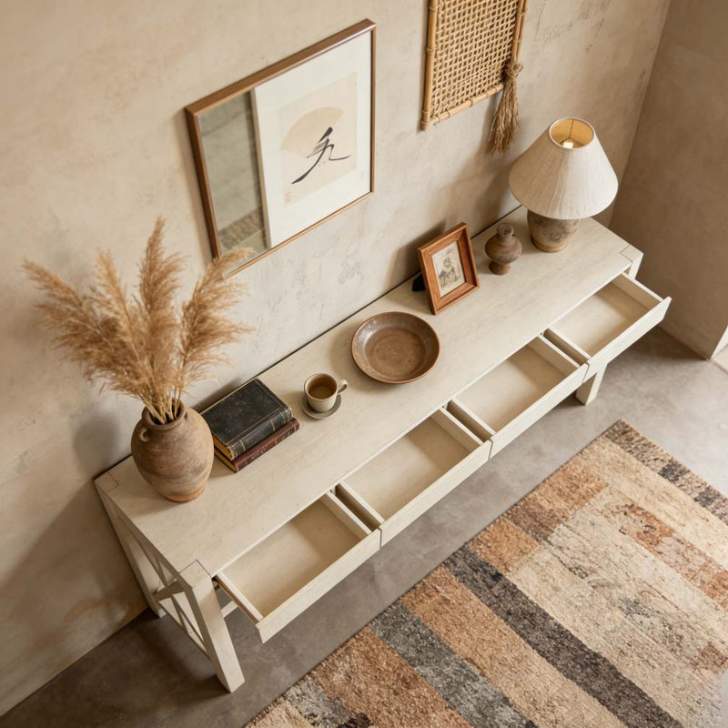 Console 60 po avec 4 tiroirs spacieux, Beige