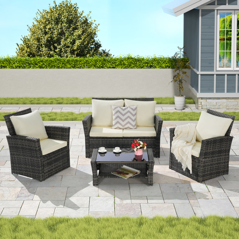 4 Pieces Outdoor Patio Furniture Sets Garden Rattan Chair Wicker Set with Ottoman & Tempered Glass Coffee Table Weather Resistant Cushion