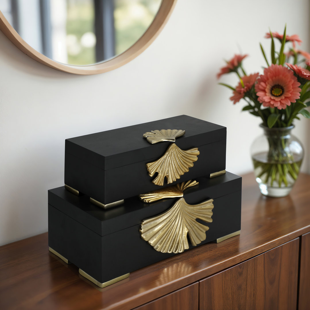 Braesgate Modern Decorative Boxes for Home Décor - Jewelry Organizer and Storage Boxes with Leaf Accent - Dresser or Office Keepsake Box - Set of 2, 6", Black & Gold Everly Quinn